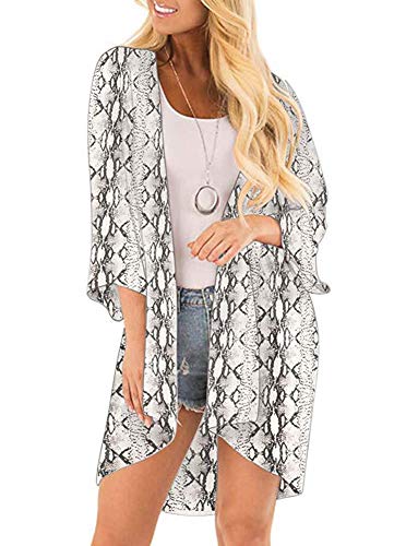 Women All-Match Casual Coat Blouse Top Printed Lace Crochet Loose Kimono Cardigan Coat Light Gray Size XL