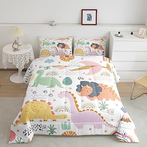 Image of Feelyou Dinosaur Comforter, Cute Rainbow Dino Comforter Set Toddler Size for Kids Boys Girls Jungle Dino Comforter Set Toddler Size Cartoon Rainbow Wildlife Duvet Set Durable Quilt Set
