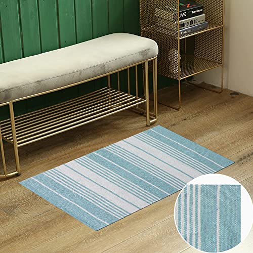 Asraie Hand Woven Cotton Striped Rag Rug | Cotton Reversible Rugs | Recycled Cotton Area Rug For Living Room Kitchen Entryway 2X3' (Turquoise & White) #TOP6