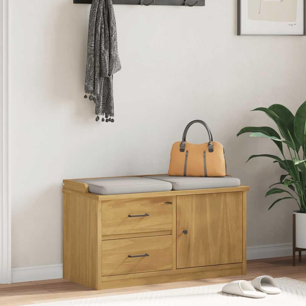 Banc de rangement gain de place en pin massif pour stopper le désordre