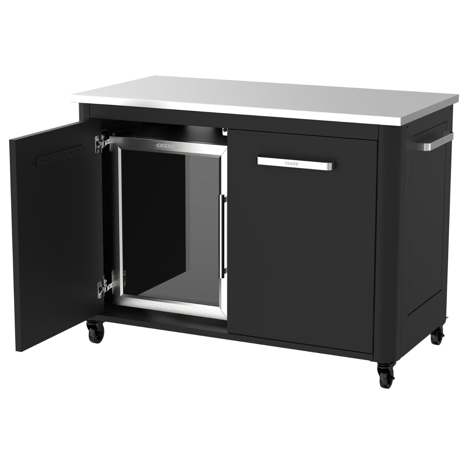 cozze® Réfrigérateur 60L – Porte Vitrée & Cadre Acier Inoxydable – Frigo Compact pour Cuisine Extérieure – Silencieux 46dB – Classe Énergétique G – Design Noir