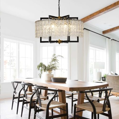 DUGHKUGH 6-Light Black Crystal Chandeliers 24 inch Drum Modern Farmhouse Chandelier Light Fixture Water Ripple Glass Chandeliers for Living Room, Dining Room, Bedroom, Kitchen — view 2