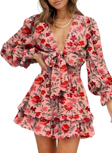 Image of Dokotoo Womens Casual Spring Fall 2025 Deep V Neck Knotted Tiered Chiffon Elegant Mini Short Swing Skater Dresses