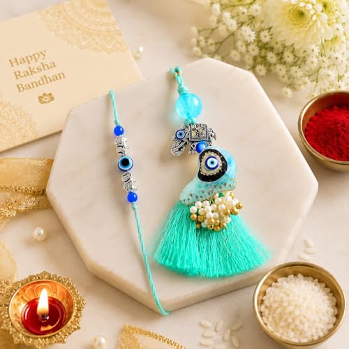 Image of CraftVatika Premium Rakhi Set for Brother and Bhabhi, Designer Evil Eye Bhaiya Bhabhi Rakhi Set of 2, Hamsa Hand Design Rakshabandhan Gift Combo with Fridge Magnet,Tilakk Set