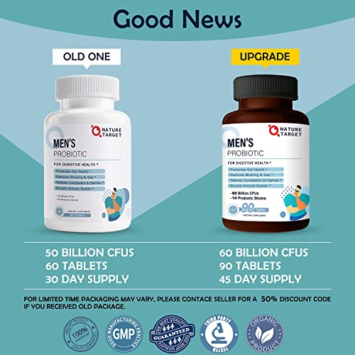 Probiotics For Men With Men Care Supplement - 60 Billion Cfus & 14 Strains Dr. Formulated Prebiotics & Probiotics For Men's Digestive And Immune Health, Shelf Stable, Gluten & Soy Free (90 Tablets) #TOP1