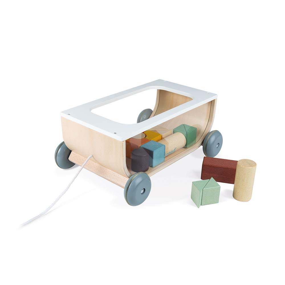 Janod - Carrito de Cubos de Madera - Colección Sweet Cocoon - Juguete de Estímulo para Bebés Pintado al Agua - Juguete de Arrastre - Aprender a Andar - A Partir de 18 Meses, J04407
