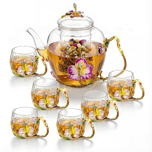 Maxdot Floral Glass Tea Set with Teapot and 6 Cups, 51 oz Vintage Flower Teapot Set with Handle Cups, Decorative Glass Gift for Women, Tea Party, Home Decor