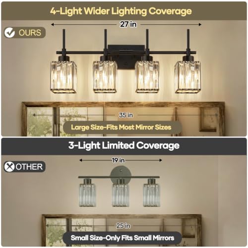Image of Torondo Modern Crystal Bathroom Vanity Light 4-Lights Matte Black Bathroom Light Fixtures Over Mirror Matte Black Vanity Lighting Fixtures Square Shade Brass Wall Sconce (Bulbs Not Include)