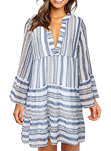Dokotoo Women Dress Fashion Striped Ruffle V Neck Flared Long Sleeve Chiffon Mini Dress Casual Loose Flowy Babydoll Dress Pleated Short Dresses Skater Dress Summer Autumn,US 8-10(M),Sky Blue Dokotoo Women Dress Fashion Striped Ruffle V Neck Flared Long Sleeve Chiffon Mini Dress Casual Loose Flowy Babydoll Dress Pleated Short Dresses Skater Dress Summer Autumn,US 8-10(M),Sky Blue