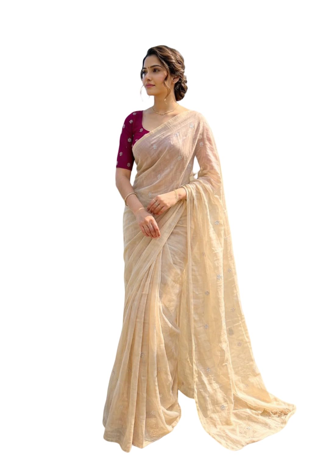 Fandy Satin Saree with Gold Floral Embroidery Work with Embroidered Blouse Piece-picture-38