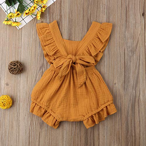 Qiylii Infant Baby Girl Ruffle Sleeve Romper One-Piece Bowknot Cotton Bodysuit Jumpsuit Outfit Clothes (18-24 Months, A-Yellow) - Thumbnail 2