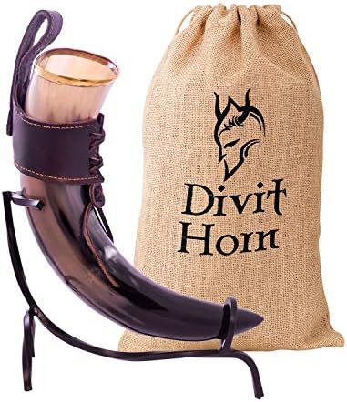 Divit Genuine Viking Drinking Horn with Iron stand | Authentic Medieval Beer Drinking Horn | Brass Adornments & Burlap Gift Sack Included | 16 oz capacity (Wolf, Polished, 16 oz)