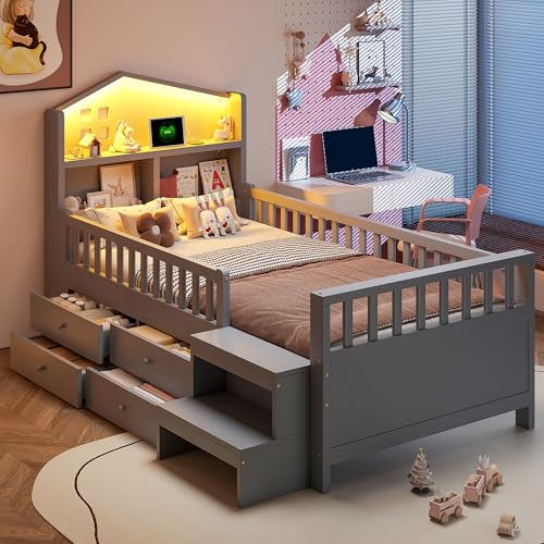 Cama individual de madera maciza con diseño seguro en gris 2