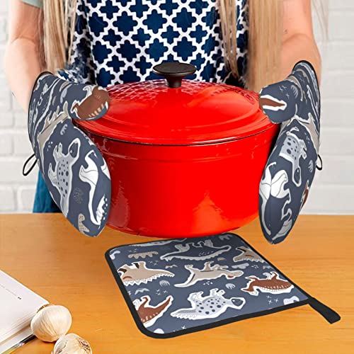 Afhyzy Dino Oven Mitts And Pot Holders Sets For Kitchen Heat Resistant Oven Mit Gloves Non Slip Hot Pads For Cooking Grill Dinosaur #TOP6