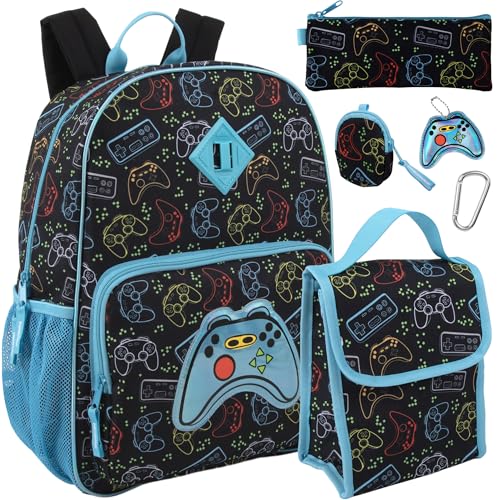 Trail maker 16.5 Inch Boys School Backpack 6 in 1 Set with Lunch Bag, Pencil Case, Tech Pouch, Keychain, Carabiner Clip Attached (Gamer’s Print) for Travel, Commute