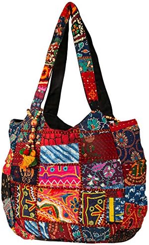 Hippie Handmade Shoulder Beach Bag Tote Boho Chic Patchwork Embroidered Purse Red Casual Everyday Roomy Laptop School Market