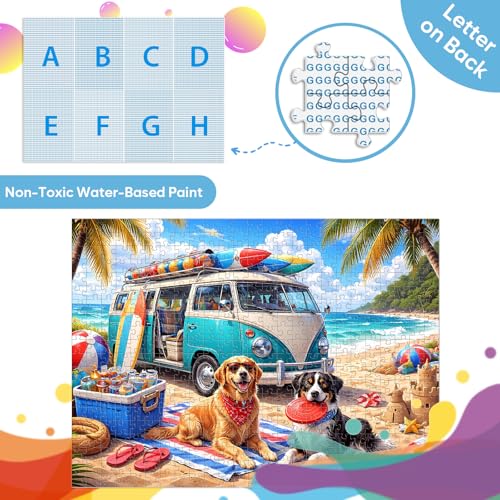 Rompecabezas de 500 piezas para adultos, escena playera con perro y auto, rompecabezas relajante de vacaciones con cachorros, actividad familiar ideal como regalo miniatura 7