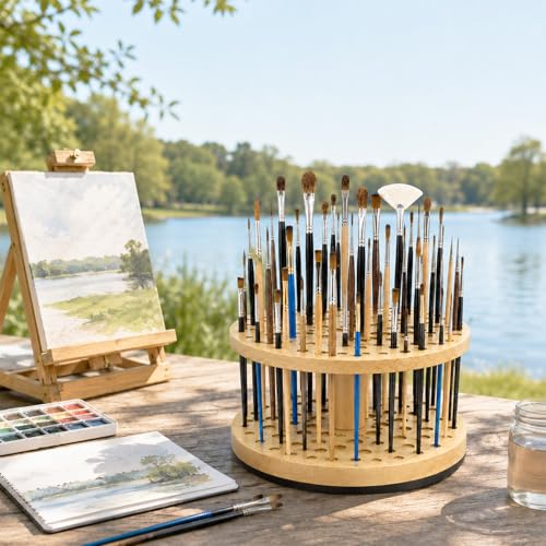 Image of 72 Hole 360 Rotating Hardwood Paint Brush Holder Organizer