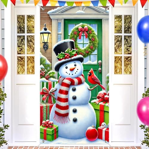Image of BlissYard Snowman Christmas Door Banner 35x71 Inch Winter Holiday Front Door Decoration with Green Red Red Bird and Gifts for Indoor Outdoor Wall Welcome Snowflake Porch Display