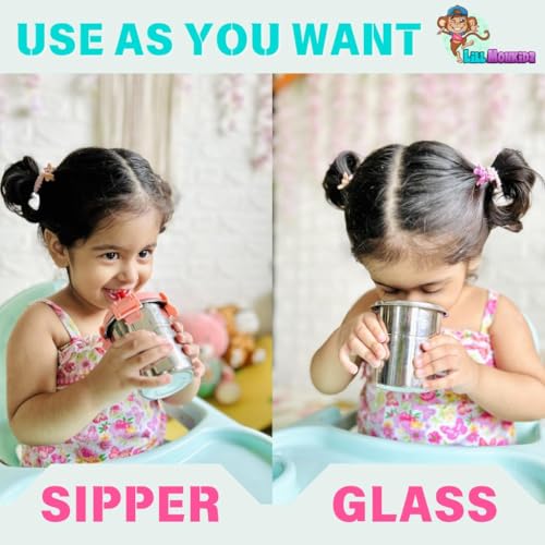 Image of LiLMONKiDZ Steel Tumbler for Kids Set of 2 (300ml Each), Leak Proof Sipper Cups with Lid & Straw, BPA Free Baby Sipper Glass with Cleaning Brush, Drinking Tumbler for Milk, Juice & Water (Sky Blue)
