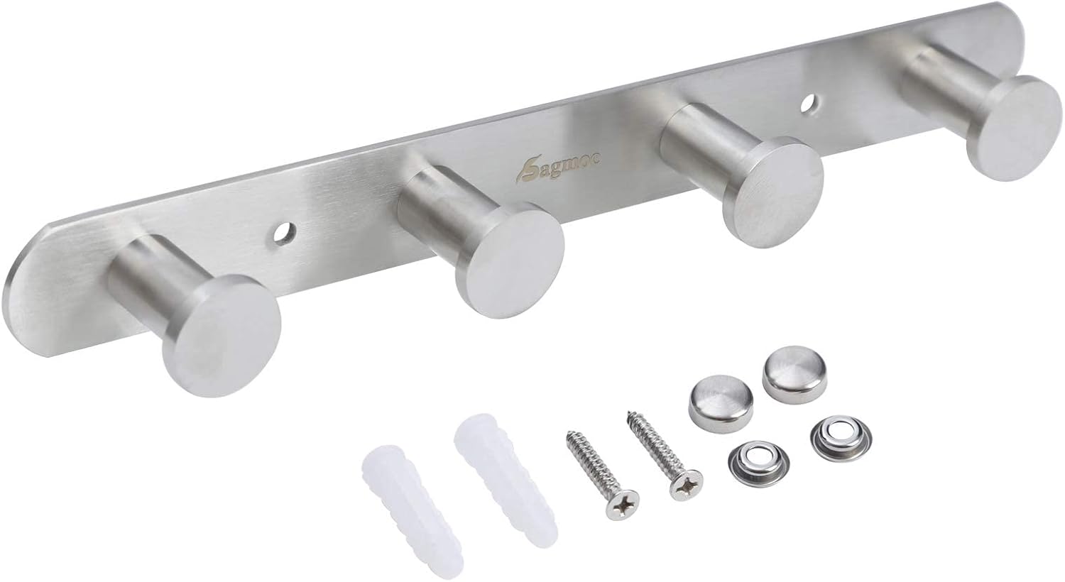 Towel Hook Rack Brushed Nickel - Sagmoc 10-Inch Coat Hook Rail Wall Mounted with 4 Hooks, Durable Wall Hangers for Bedroom, Bathroom, Foyer, Hallway (304 Stainless Steel)