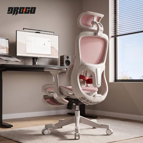 Image of DROGO Axion Ergonomic Office Chair for Home & Work | Dual-Wing Dynamic Lumbar Support, 5D Armrests, 3D Headrest | Breathable Mesh Computer Desk Chair, 5cm Seat Slider, 135 Recline, Footrest (Pink)