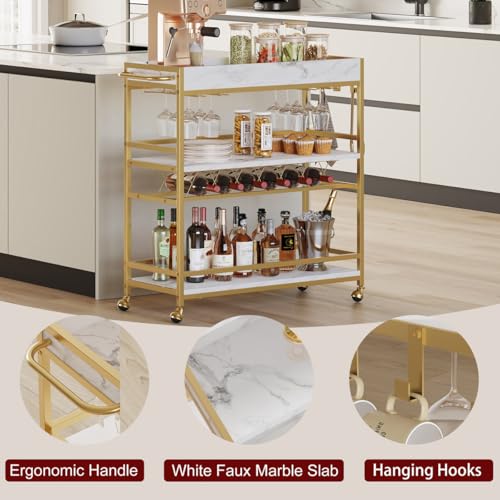 Image of BON AUGURE Gold Bar Cart on Wheels for Home with Wine Rack & Glass Holders