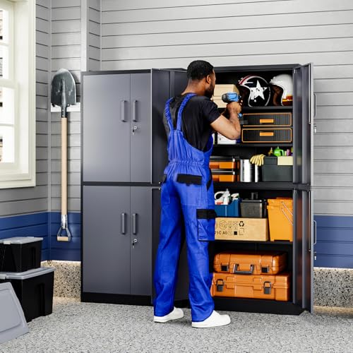 Image of Yizosh Metal Storage Locking Cabinet with 4 Doors and 2 Adjustable Shelves,71 inch Lockable Garage Tall Steel Cabinet,for Home Office,Living Room,Pantry,Gym,Commercial Storage (Gray Black)