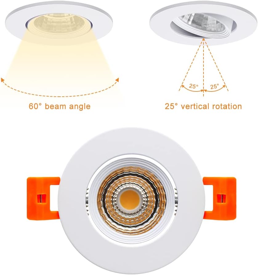 2Inch LED Recessed Ceiling Light, 3W Dimmable LED Downlight, 60 Beam Angle COB Recessed Lights with Driver, Warm White 3000K, 25W Halogen Bulbs Equivalent for Ceiling Lighting,White 6 Pack