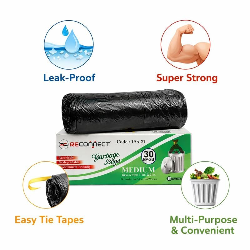 Image of Reconnect Garbage Bags Medium Size Dustbin Bag 19 x 21 Inches | 90 Pcs Pack of 3 | Heavy Duty Leak Proof Trash Bags for Home Kitchen Use