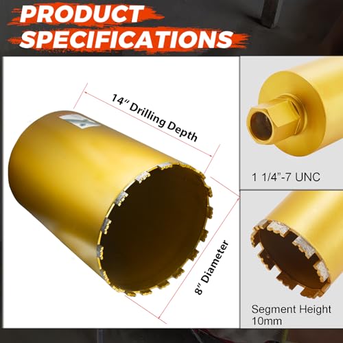 Image of 8 Inch Wet Core Drill Bit, 8 inch Core Bits for Concrete, 1-1 /4 inch-7 Thread, 14 inch Drilling Depth Diamond Core Drill for Concrete with Rebar, Masonry, Brick Block,Cement, Stucco, Stone (203mm)