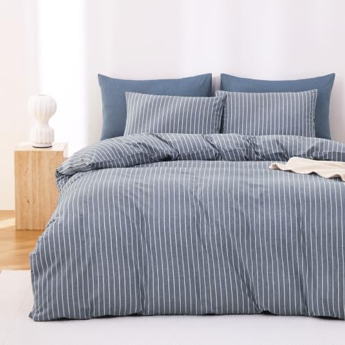 Image of Wake In Cloud - Striped Cotton Duvet Cover Set, Ticking Stripe Vertical Pinstripe Farmhouse, 100% Washed Cotton Textured Bedding Set, 3 Pieces, Denim Blue, Full Size