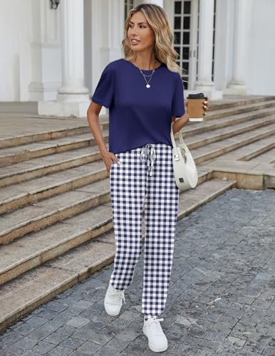 Image of Ekouaer Pajamas for Women Set 2 Pack Lounge Set Short Sleeve Pjs Joggers Long Pants Loungepwear with Pockets