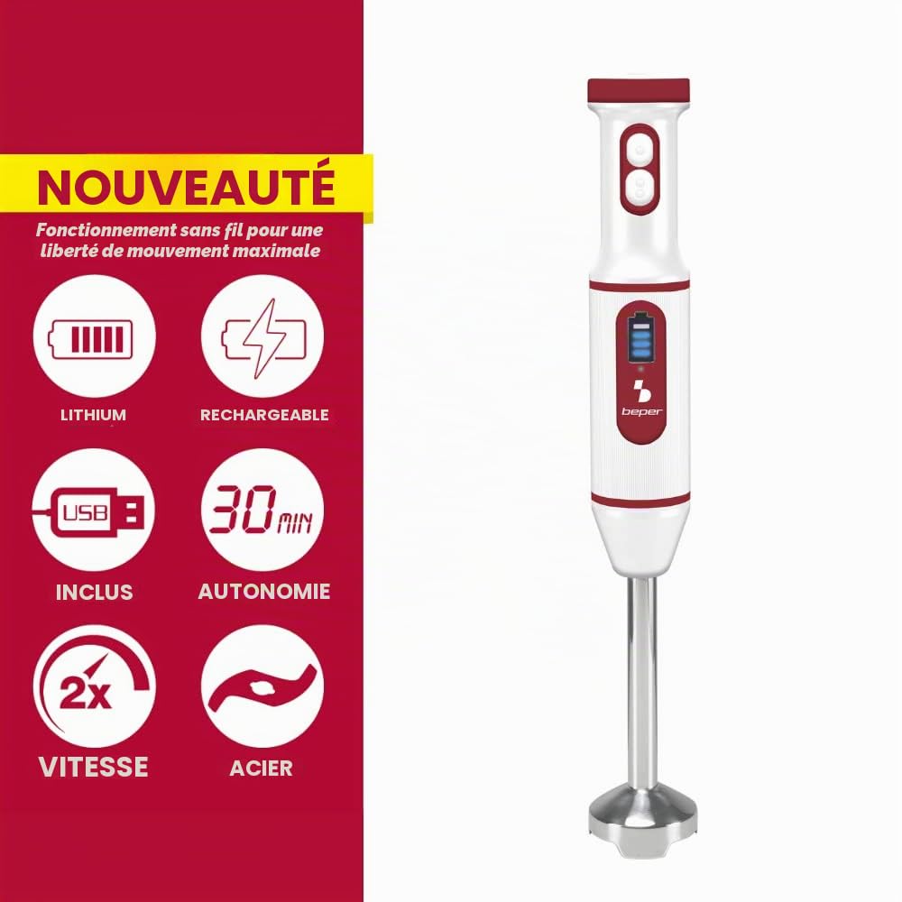 BEPER P102FRU300 Mélangeur à immersion sans fil, rechargeable par USB - Mixeur miniature, multifonctionnel