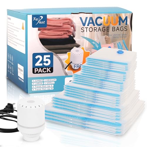 Vacuum Storage Bags with Electric Air Pump, 25 Pack Compression Bag, Space Saving Vacuum Sealer Bags for Clothes, Blanket, Duvets, Pillows, Comforters Travel, Two Compressing Ways