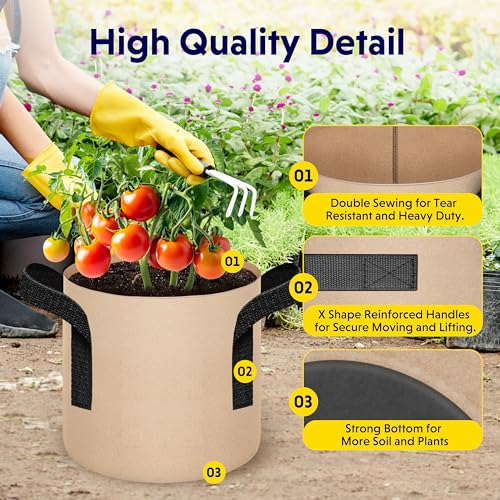 Image of iPower 5 Pack 1 Gallon Tan Grow Bags, Garden Planting Nonwoven Fabric Pots with Reinforced Handle, Heavy Duty and Aeration Planter Pot for Tomato, Fruits, Vegetables and Flowers