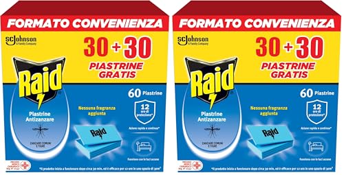Raid Piastrine Antizanzare, 60 Piastrine Inodore per Zanzare Comuni e Tigre, Fino a 12 Ore di Protezione, Compatibili con Diffusori Raid (Confezione da 2)
