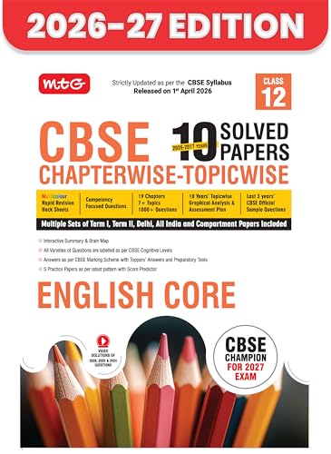 Image of MTG CBSE Class 12 PYQs Book | 10 Years (2026-2017) Chapterwise Topicwise Solved Papers Class 12 English Core - CBSE Champion For 2027 Exam | Free ... | CBSE Sample Papers (As Per Pattern)
