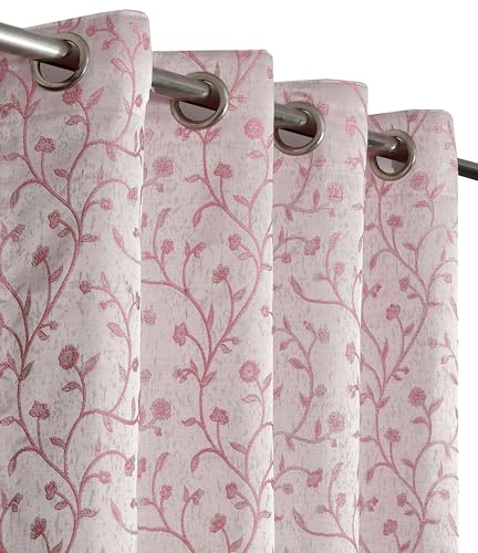 Image of FRESH FROM LOOM Heavy Jari Jacquard Premium Luxury Semi Blackout Curtain 8 Feet Long Door & Window | Double Stitch | Eyelet Ring | Floral Print | Anti-Shrink Parda (8ft, Pink, 2pc)