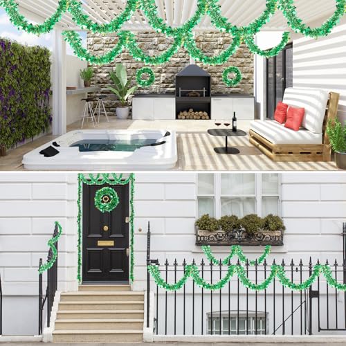 Image of 33 FT St Patricks Day Garland with Gold Green Shamrock Hat Tinsel Garland,Shiny Metallic Garlands St Patricks Day Decor for Home Indoor Outdoor St Patricks Party Supplies