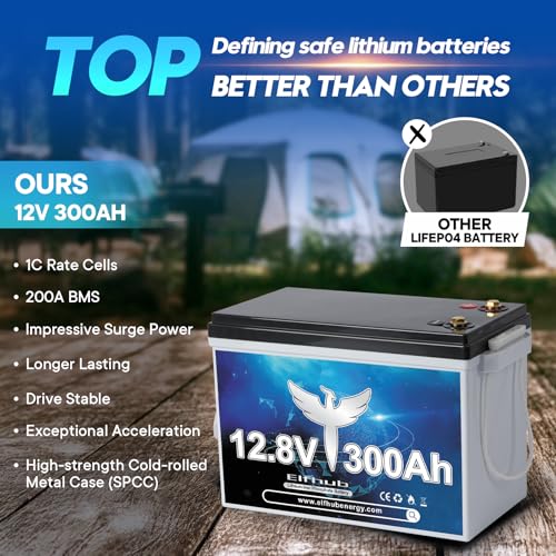 12V 300Ah LiFePO4 Lithium Battery, Bluetooth LiFePO4 Battery.Built-in 200A BMS,Max.3840Wh, 4000-15000 Deep Cycles & 10-Year Lifetime, Perfect for Off-grid Solar Home System, RV, etc