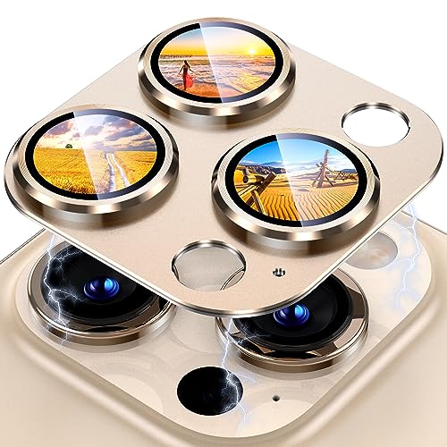 Image of Uyiton Compatible with iPhone 15 Pro /iPhone 15 Pro Max Camera Lens Protector, [Not Easy to Break][Strong Adsorption][Case-Friendly] Metal Tempered Glass Rear Camera Screen Cover - Gold Titanium