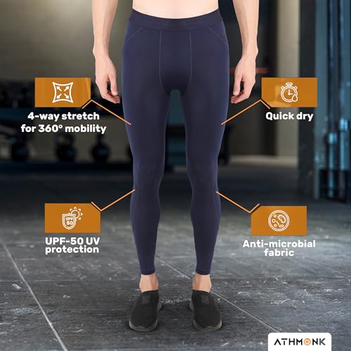 Image of Compression Nylon Lycra Lower Leggings Tights Yoga Pants for Men Boys - Workout Gym Exercise Running Cycling Training - Full Leg Sleeves - Cold Weather Sports Inner - Skinny Fit