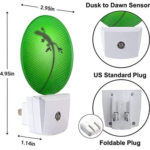 Image of Gecko Lizard Night Lights Plug into Wall Silhouette of Lizard Behind Green Leaf LED Dusk to Dawn Plug-in Nightlight Auto Sensor for Bedroom Bathroom Hallway Living Room