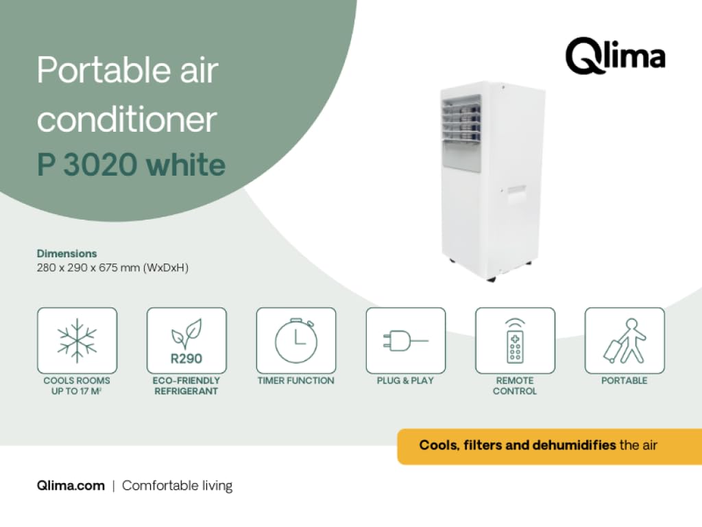 Qlima Climatizzatore Mobile P 3020 – 2000 W – 7000 BTU – Compatto e Mobile – per Ambienti fino a 65 m³ – Raffreddamento e Deumidificazione – Modalità Sonno e Timer – con Telecomando – R290