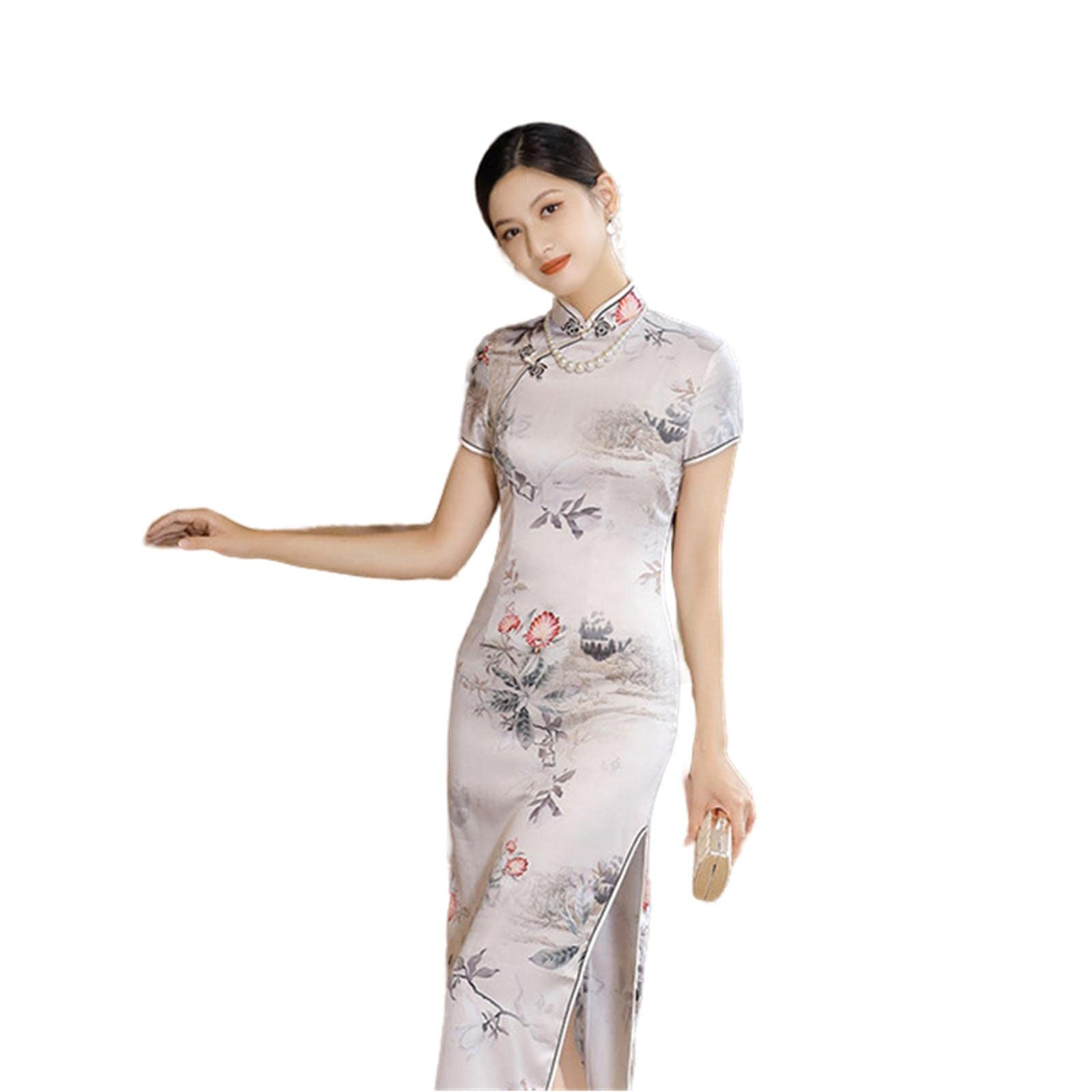 Abito Midi Cheongsam Cinese Donna – Qipao Retro Bodycon Con Spacco Laterale (Multicolore, Manica Corta)