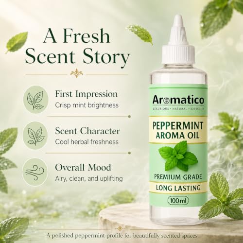 Image of AROMATICO Pure Peppermint Aroma Diffuser Oil with Long-Lasting Fragrance - 100ml. Fragrance Oil for Homes, Offices & Showrooms. Ideal for Diffusers, Reed Diffusers, Air-Purifiers & Candles