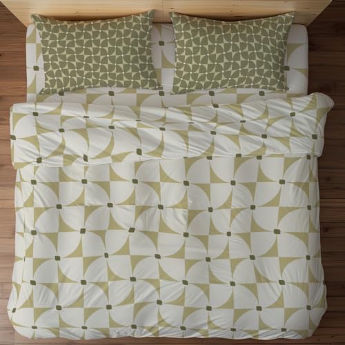 Image of Blue Dahlia 100% Cotton, King Size /Double, Elastic Fitted Bedsheet (72 inchx78 inch) + 2 Pillow Covers, Silky Smooth Feel, Fits Upto 10 inch Mattress, 150TC Printed Bedsheet, Beige & Green Print Pattern