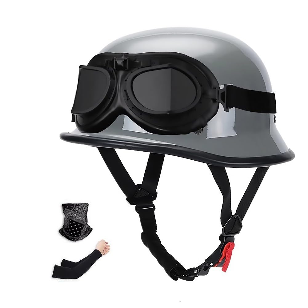 Vintage Deutsche Motorrad Halbhelme Jethelm, Halbschalenhelm mit ECE, Retro Motorradhelm mit Schutzbrille Roller Fahrrad Cruiser Chopper Moped Scooter Helm für Damen Herren 57~66CM