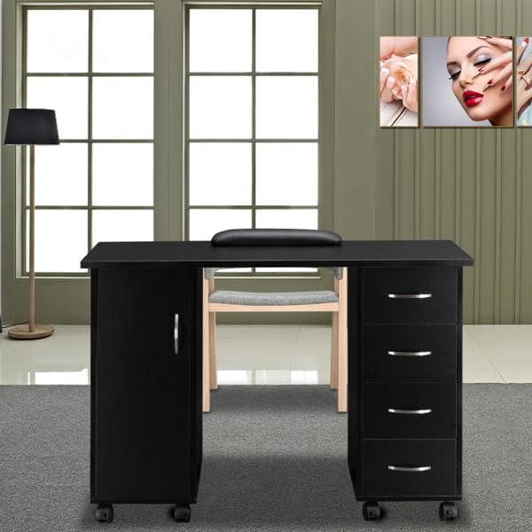 Nail Table with Drawer, Black Salon Desk, Tattoo Workstation, Rolling Spa Salon Beauty Home Wooden Technician Workstation Nail Art Equipment for Nail Tech, Beauty Salon Workstation w/Wheels